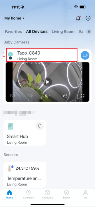 The screenshot showing the highlighting camera Tapo C840 on the Tapo App homepage.