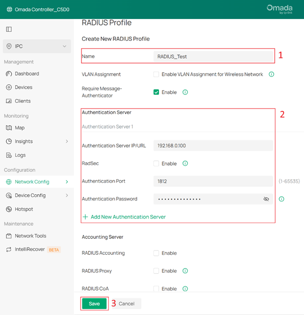 Configured RADIUS profile settings.