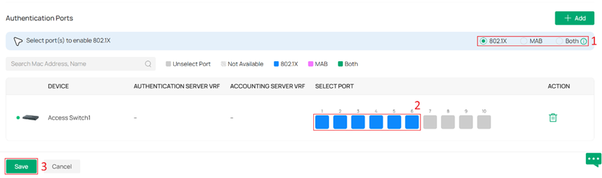 Ports selected for enabling 802.1X authentication.