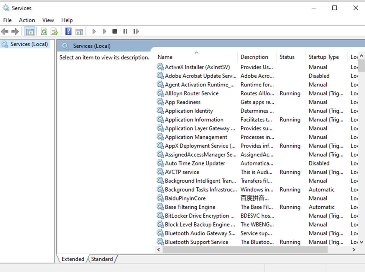 Services Manager displaying system services.