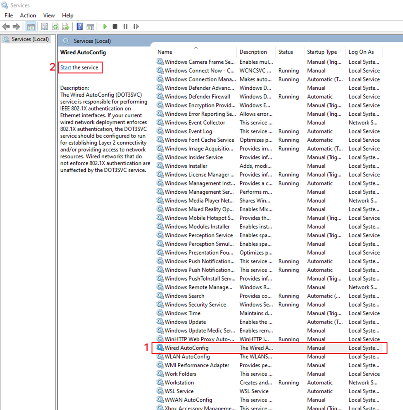 Wired AutoConfig service enabled.