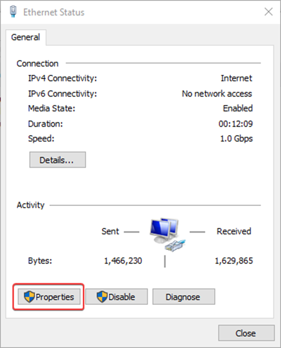 Network adapter properties window.
