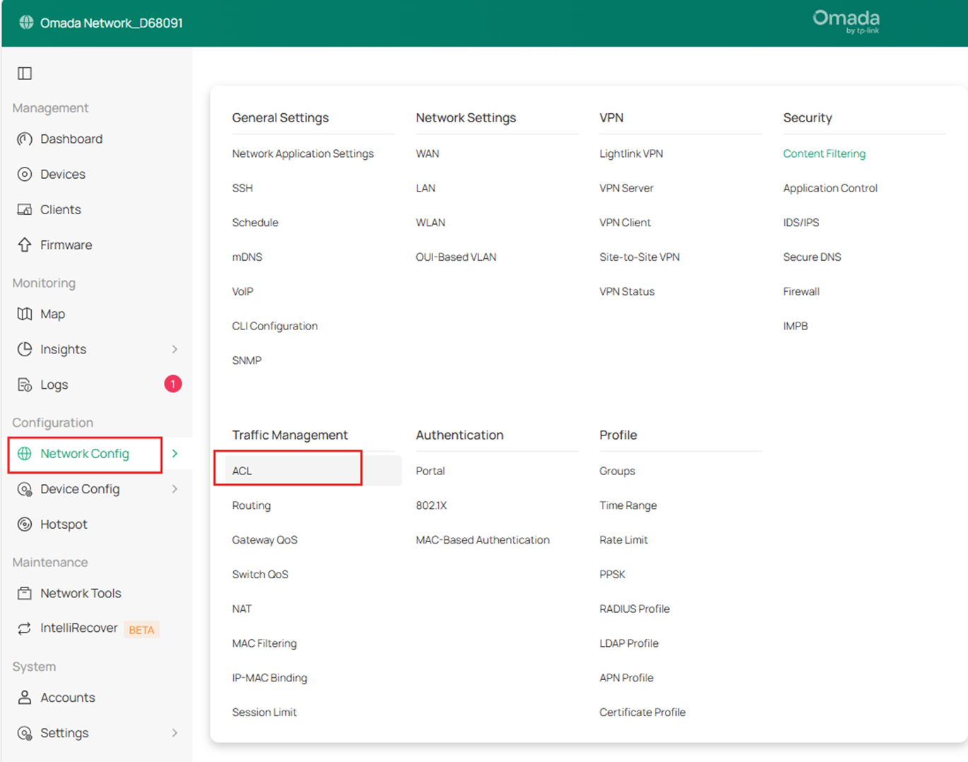 Path of ACL settings page on controller v6.2.