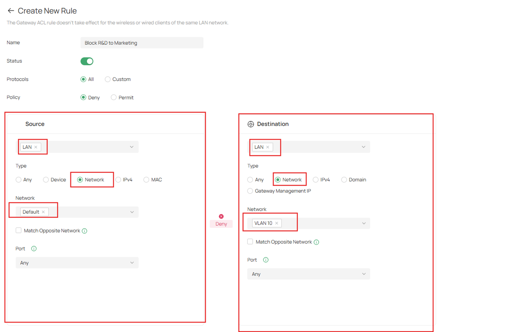 Show detailed settings when creating gateway ACL.