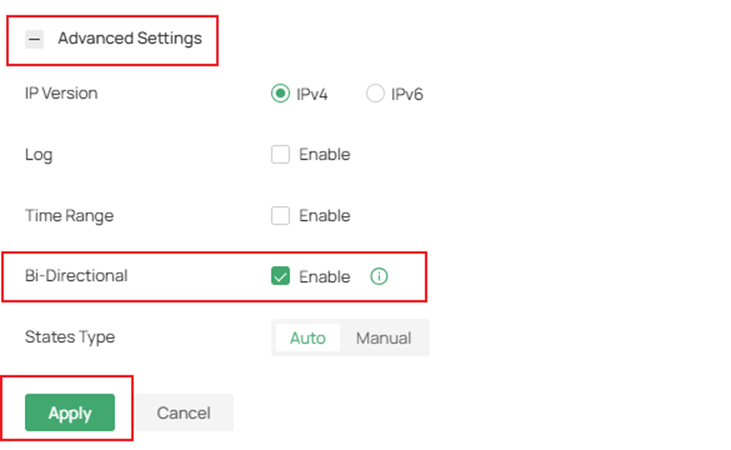 Choose Bi-Directional settings.