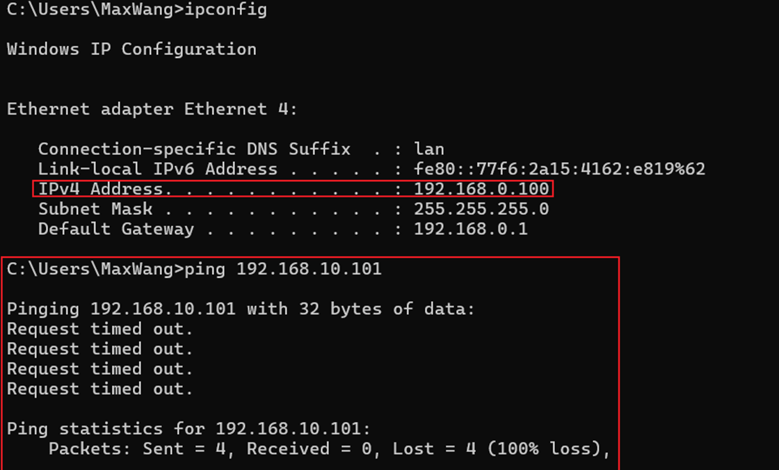 Show ping result after gateway acl taking effect.