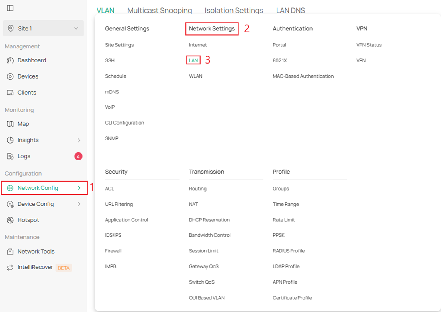 Settings to create a new LAN.