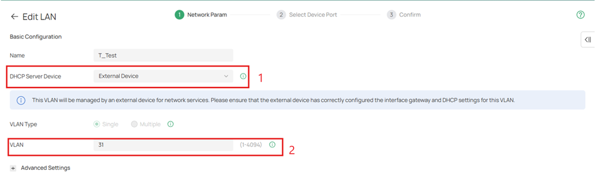 Enter the DHCP server details and VLAN ID.