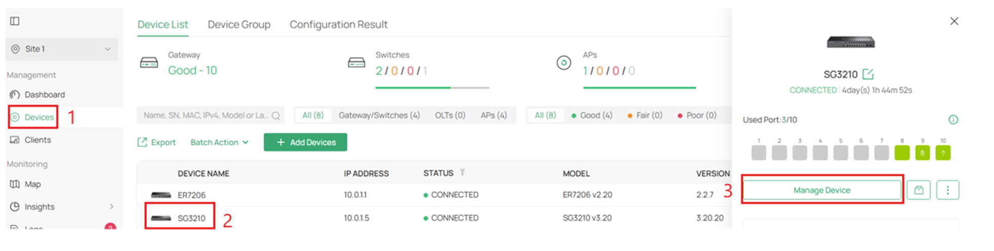Click Manage Device to configure the switch properly.
