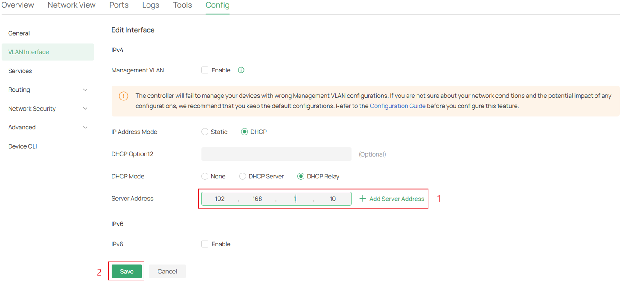Enter the IP address of the DHCP server in the Server Address parameter.