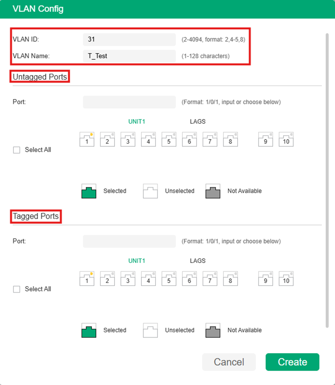 Fill in the parameters to specify your VLAN.
