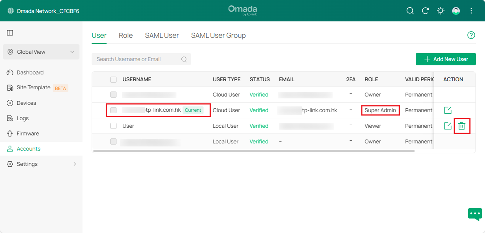 Show an administrator account with the ability to delete and add new users.