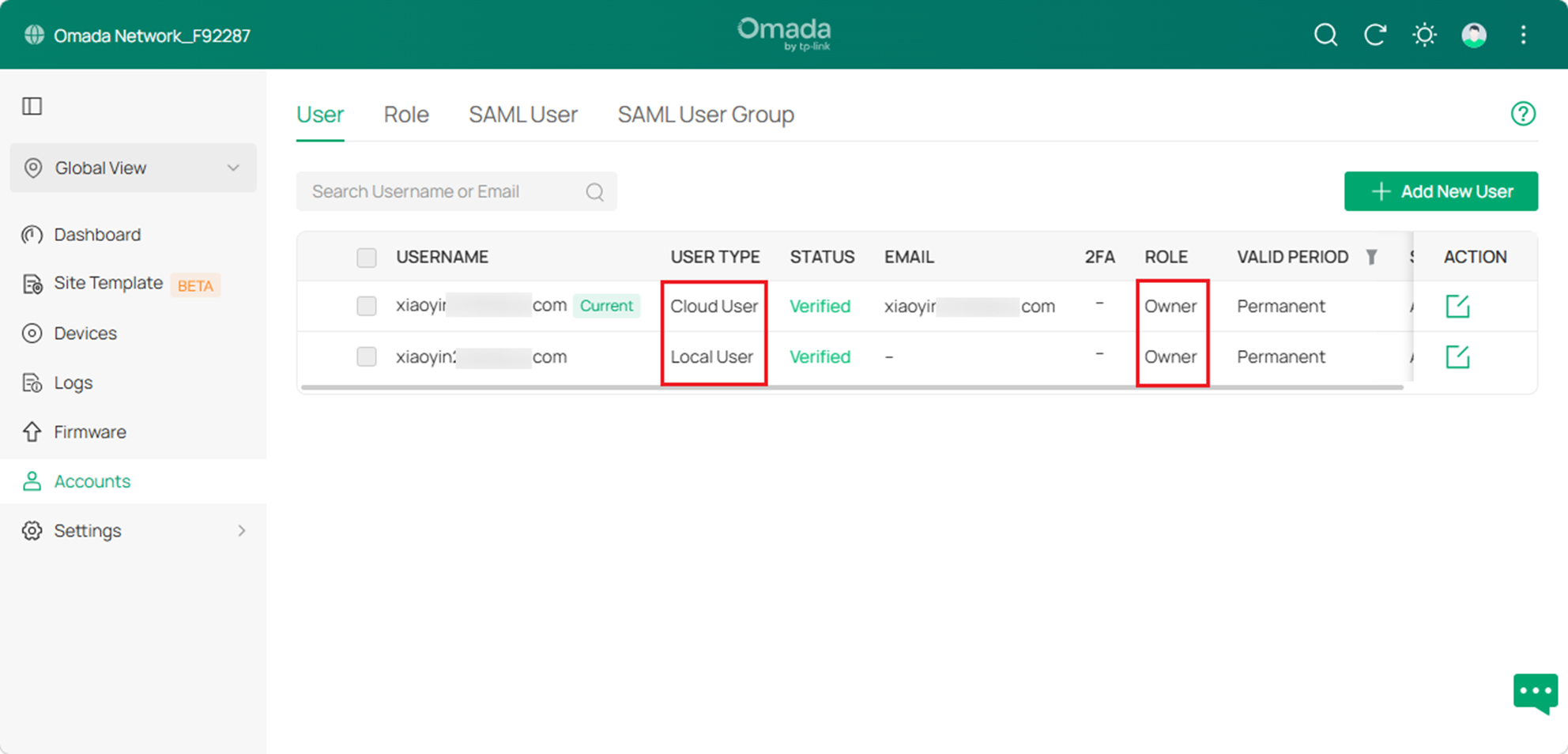 A screenshot showing the accounts page.