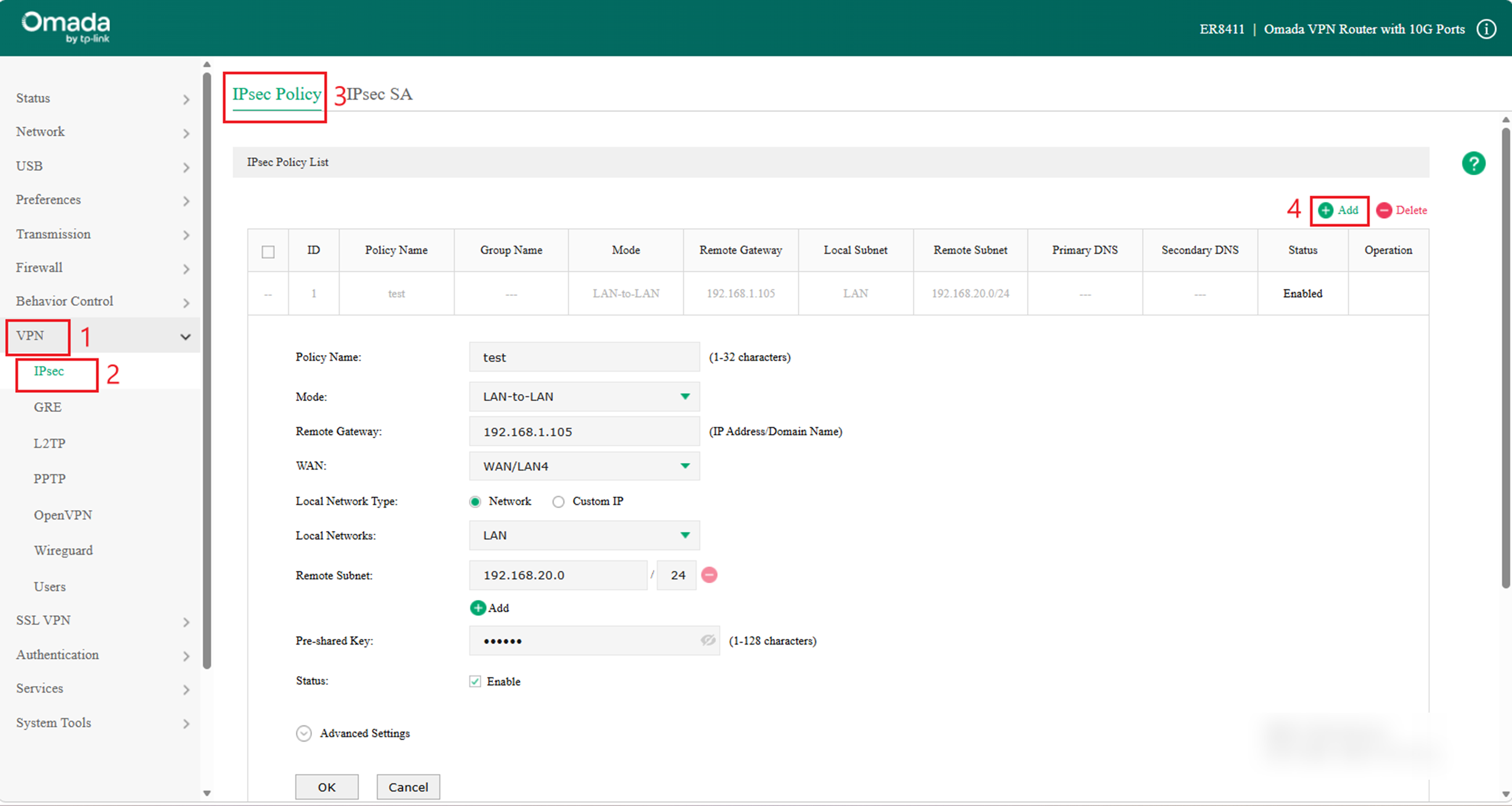 Show the router A's IPsec VPN settings.