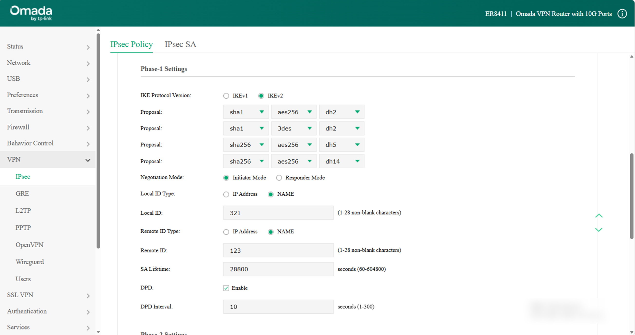 Display the Phase-1 Settings for router A.