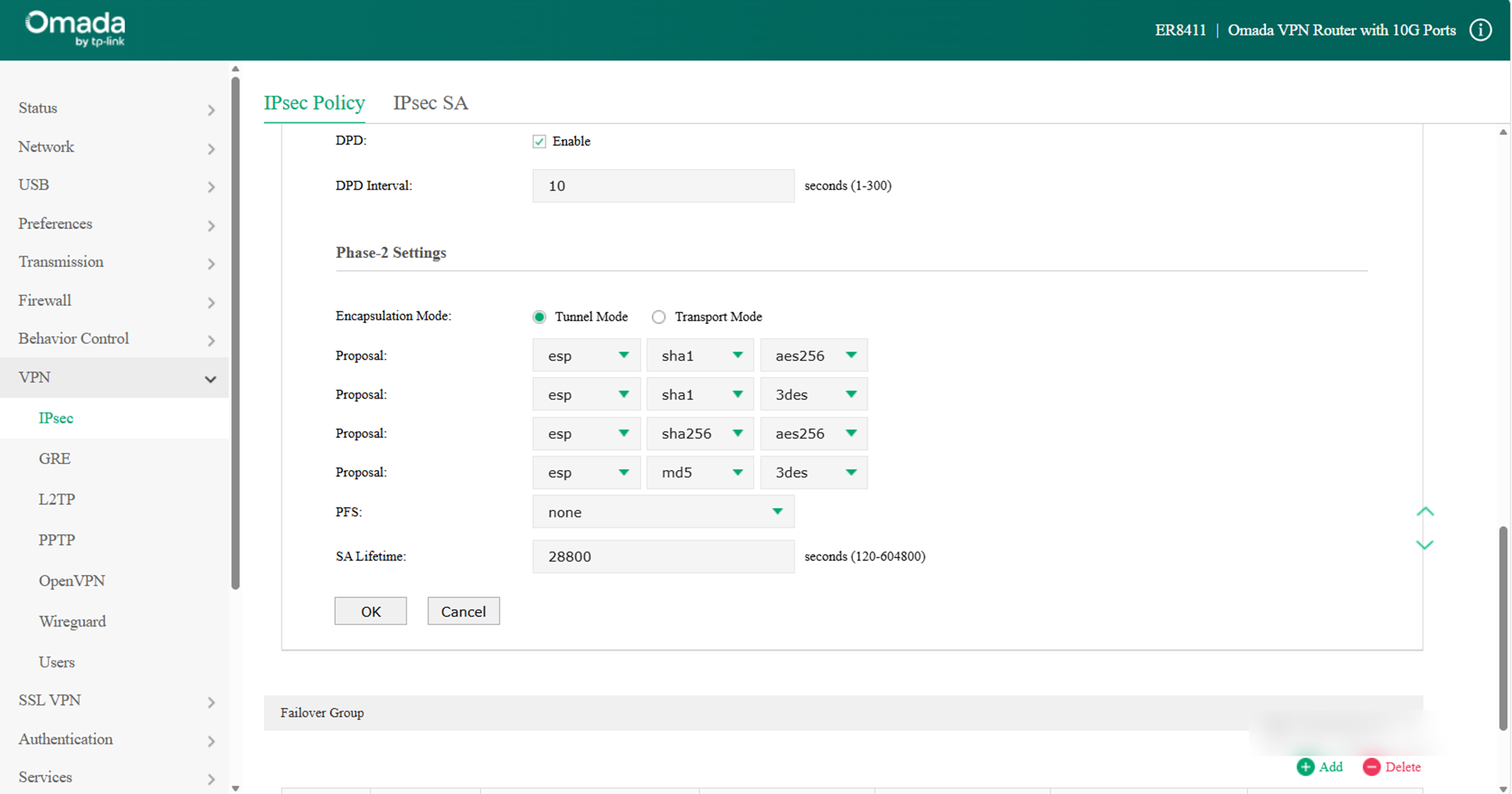Display the Phase-2 Settings for router A.