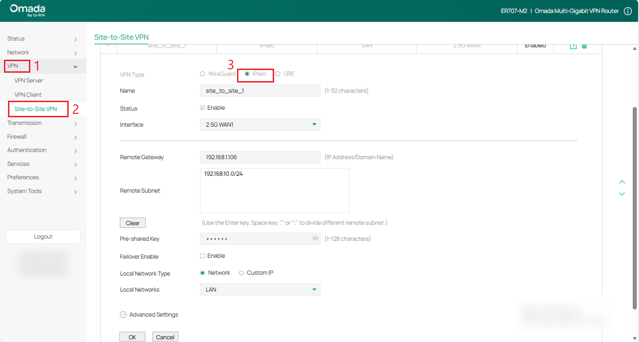 Show the router B's IPsec VPN settings.