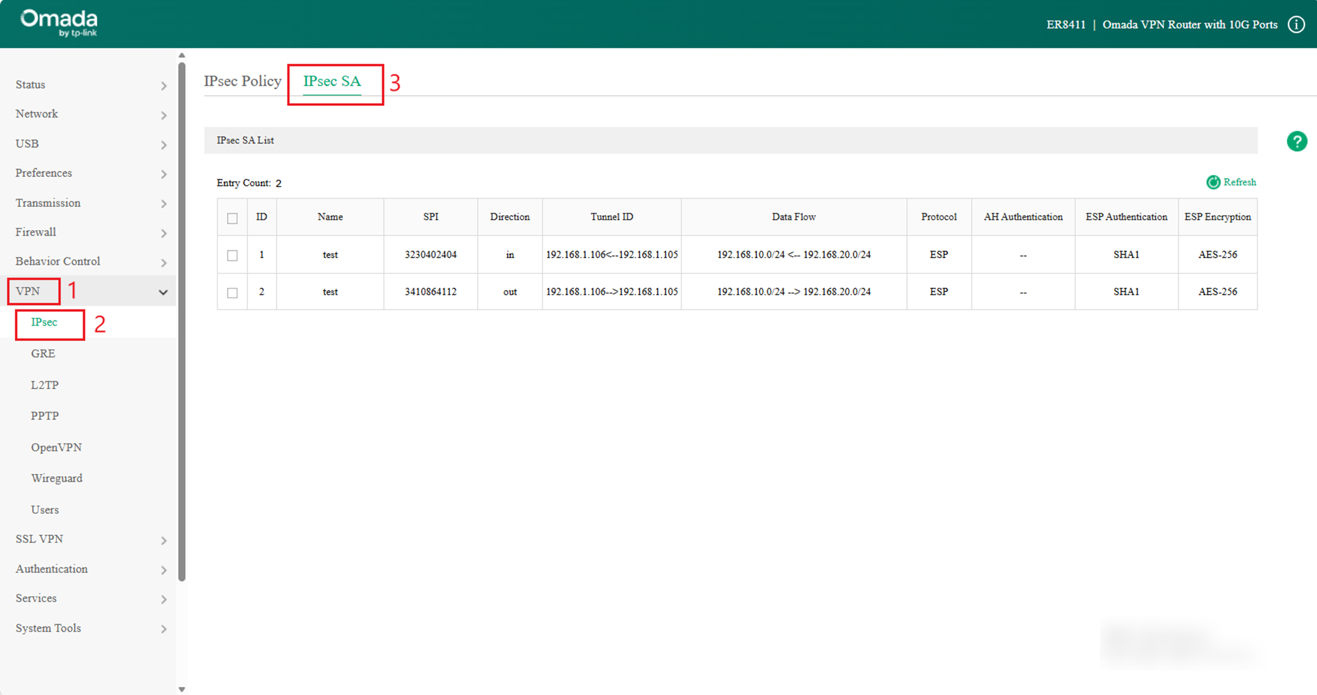 Display the IPsec VPN tunnel on router A.