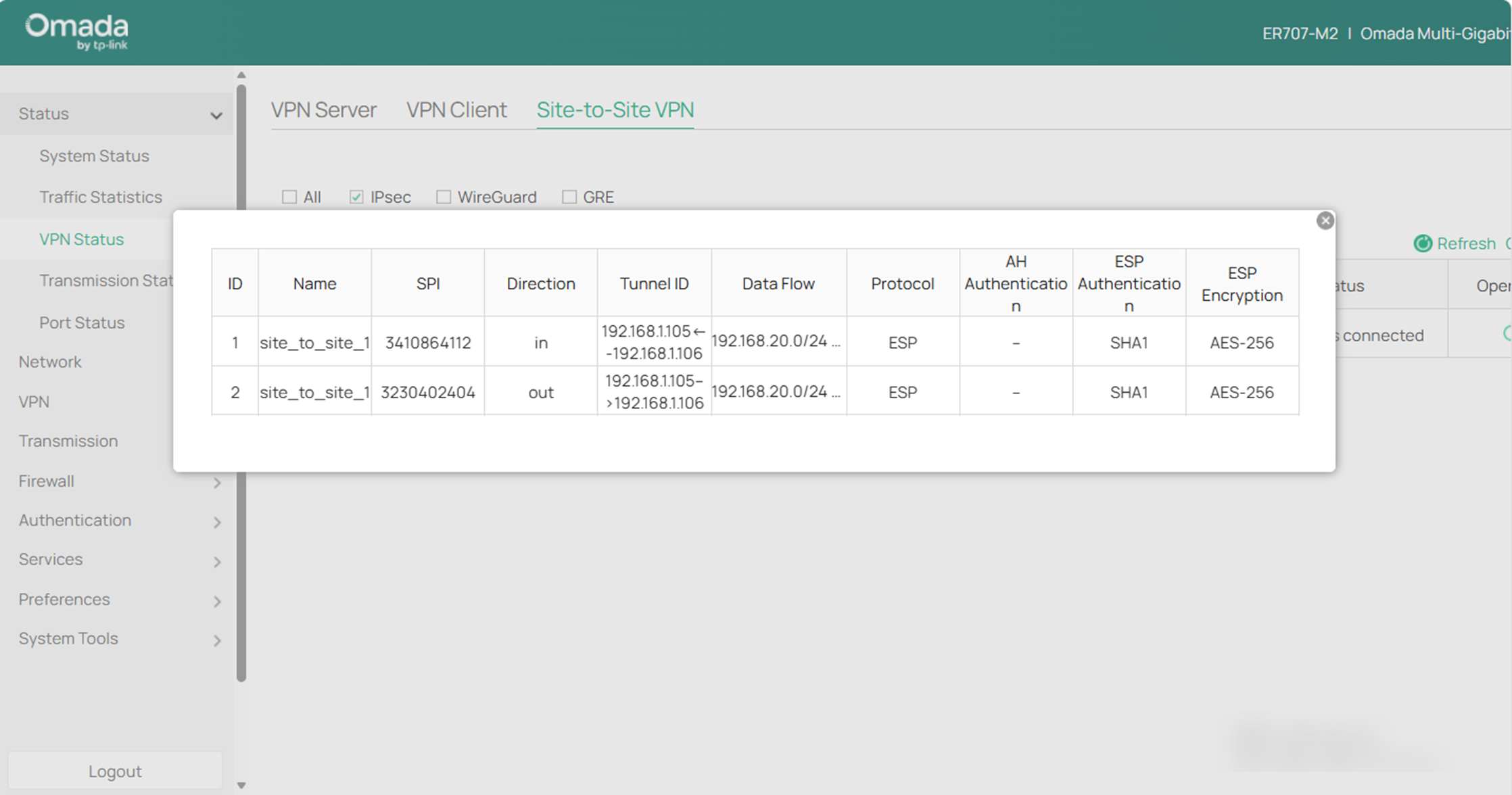 Show the IPsec VPN tunnel details of router B.