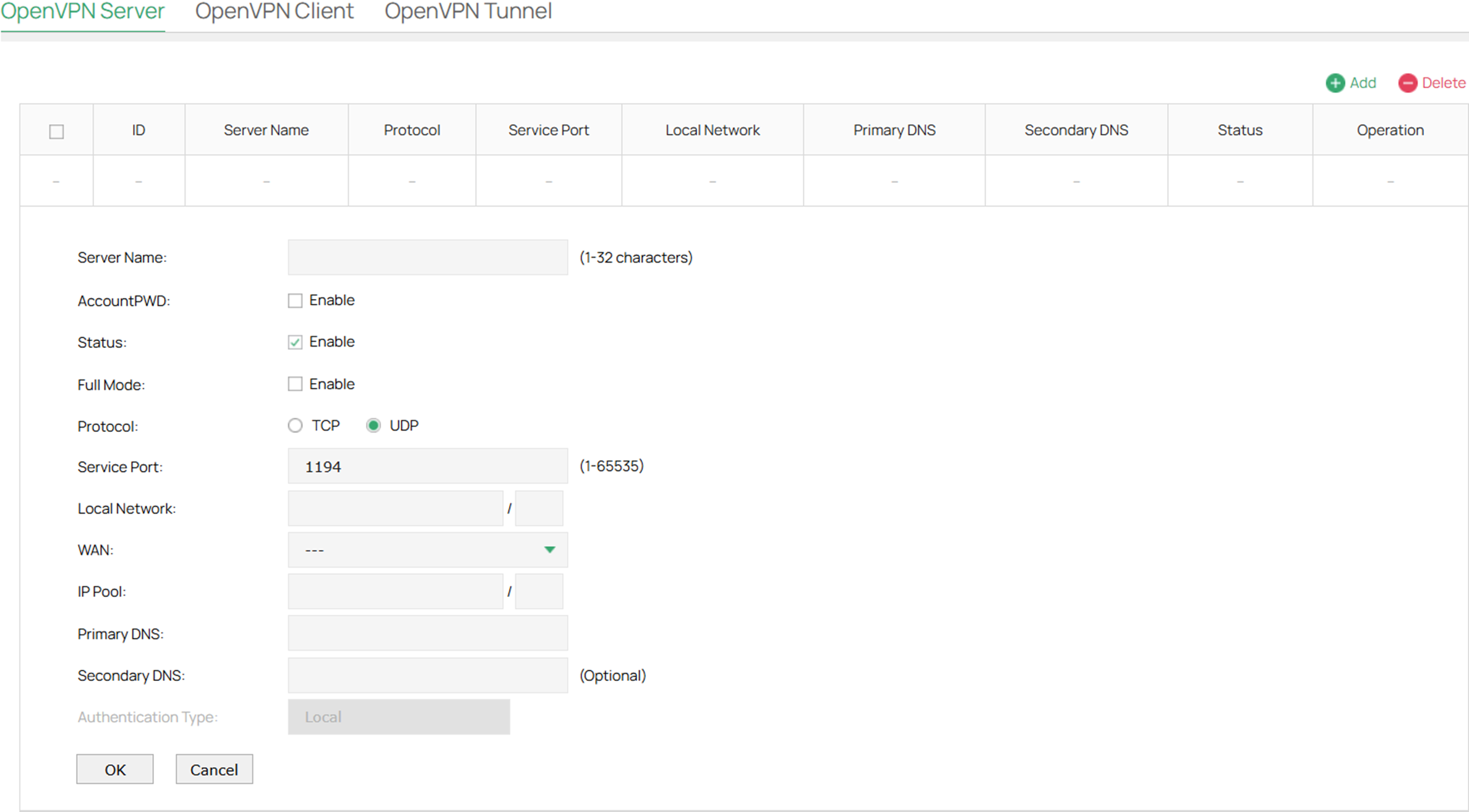 Fill in the parameters to add a new OpenVPN server.
