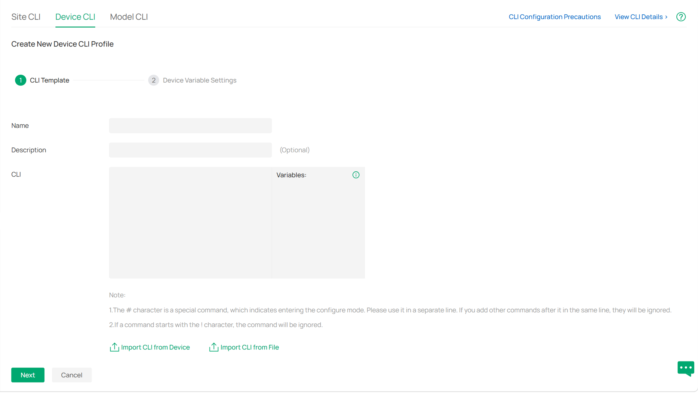 Detailed settings of add device CLI.