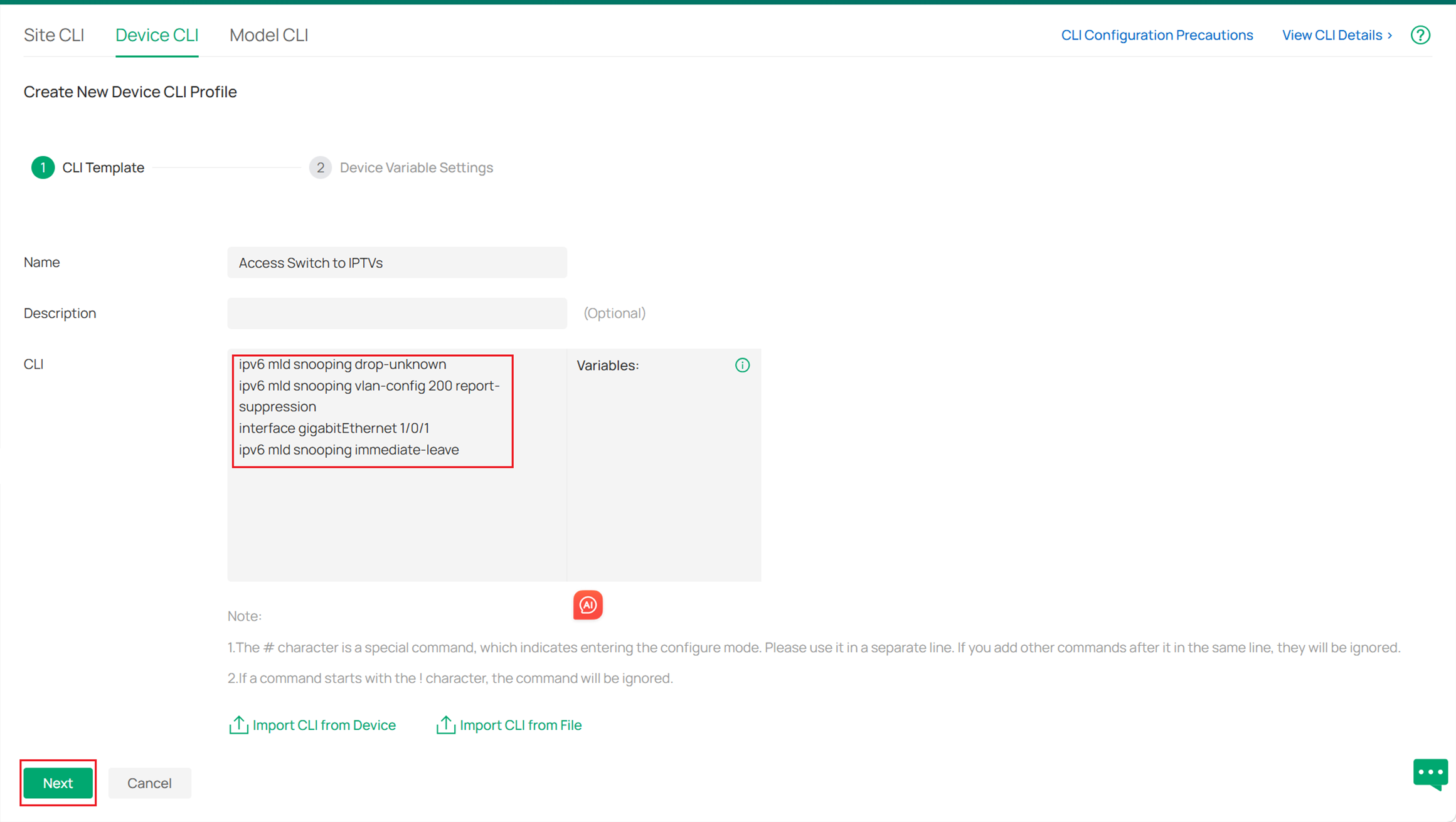 Example of Devices CLI.