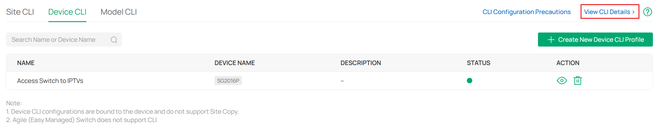 View Device CLI details.