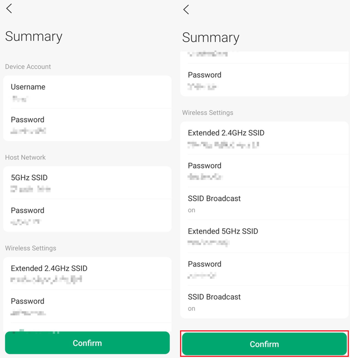 Summary of settings.