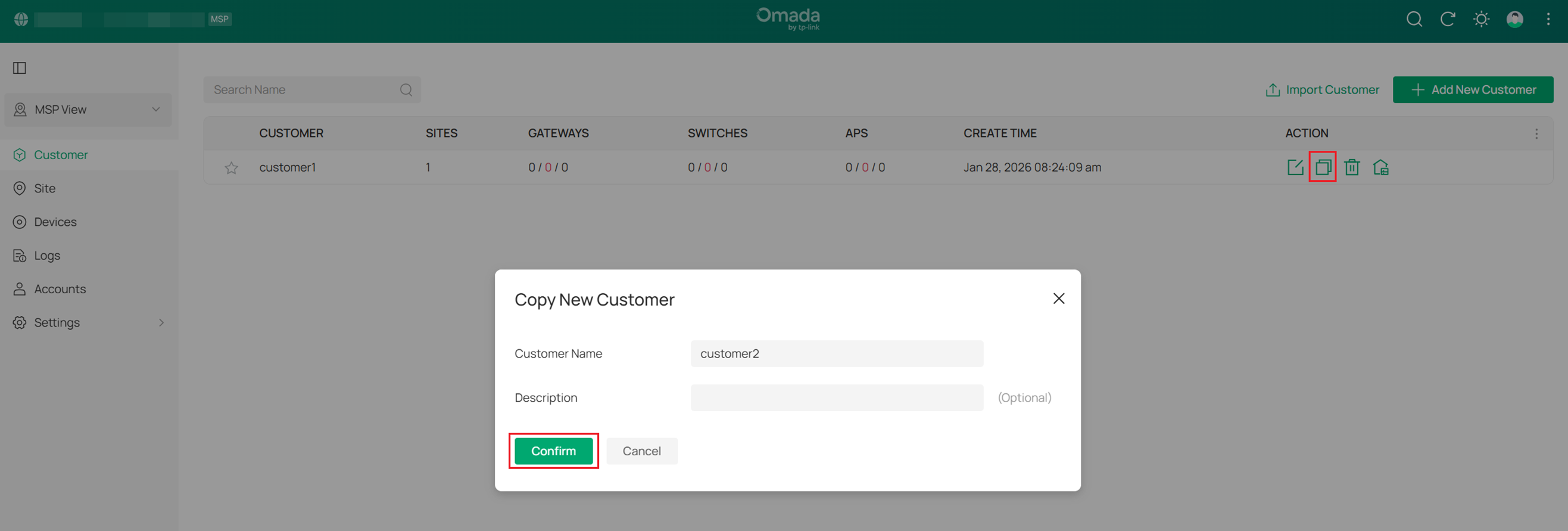 Copy Customer editing page.