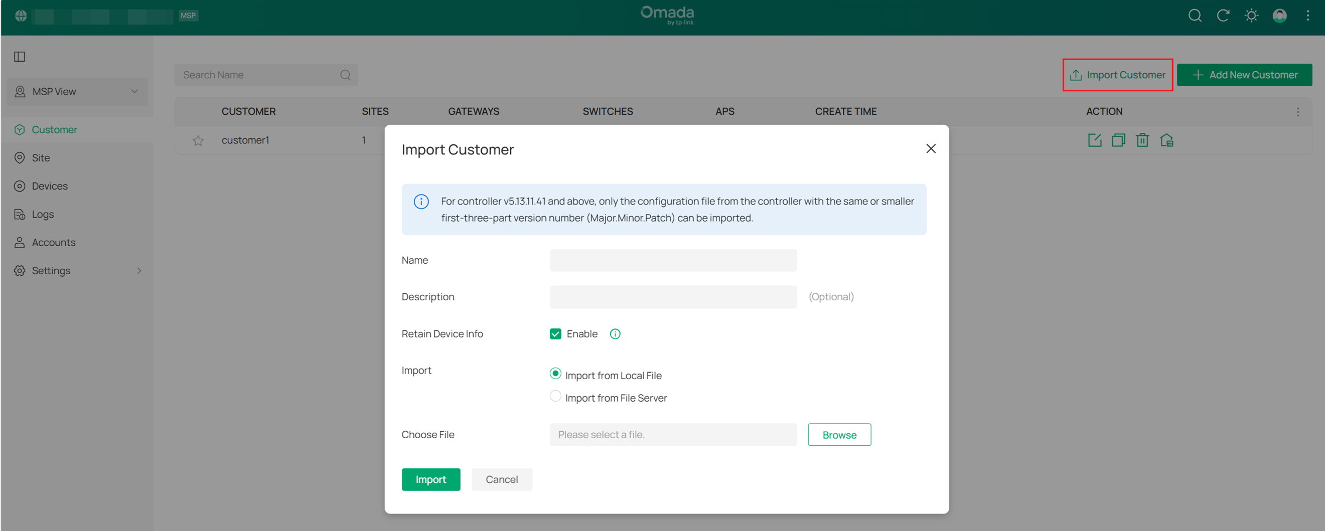 Customer importing page.