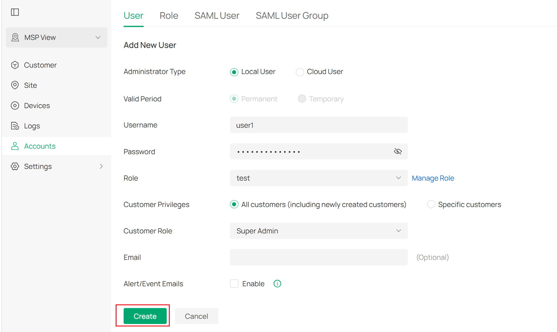 New User configuration page.