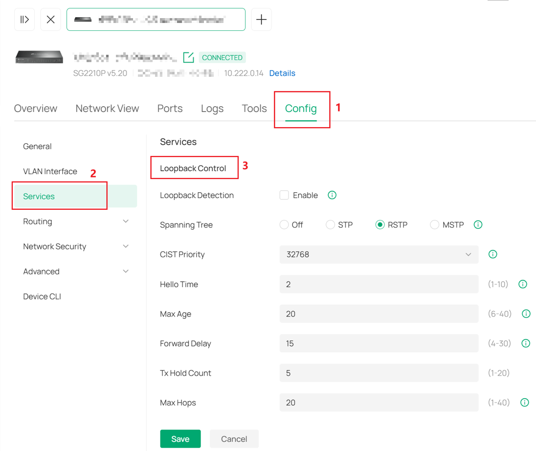 Loopback Control in the Device Config page.