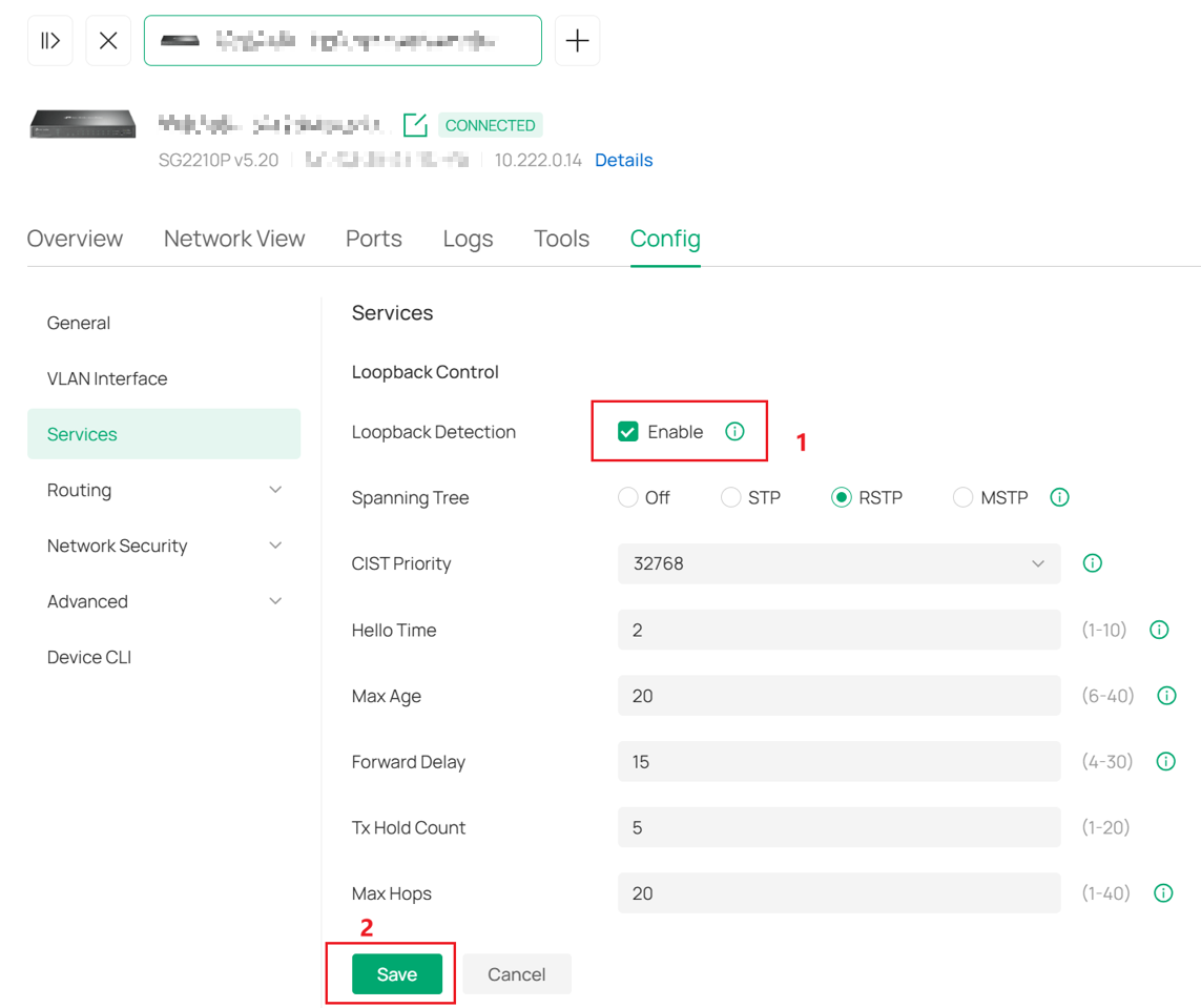 Enable button in the Loopback Control configuration page.