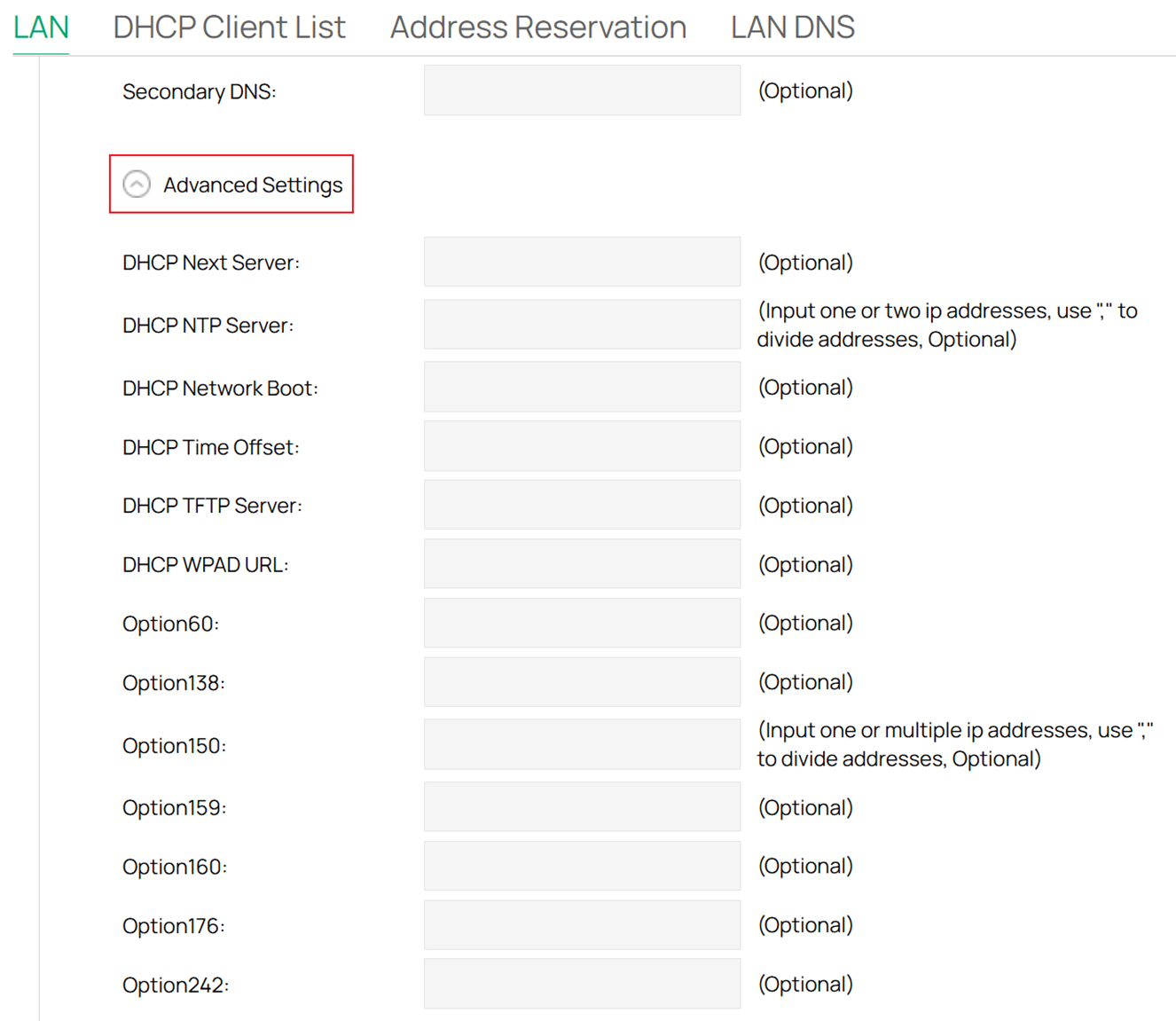 Advanced Settings of the DHCP Server.