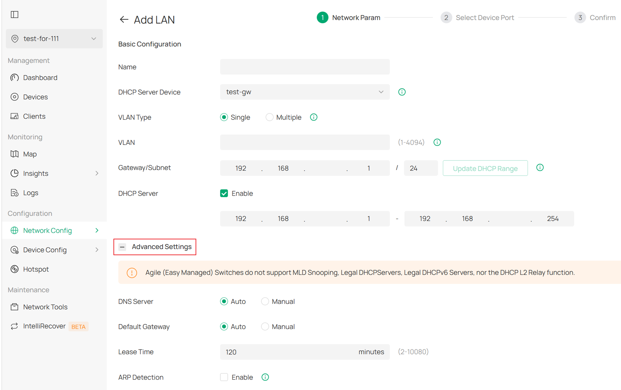 Configure the Advanced Settings in the LAN.