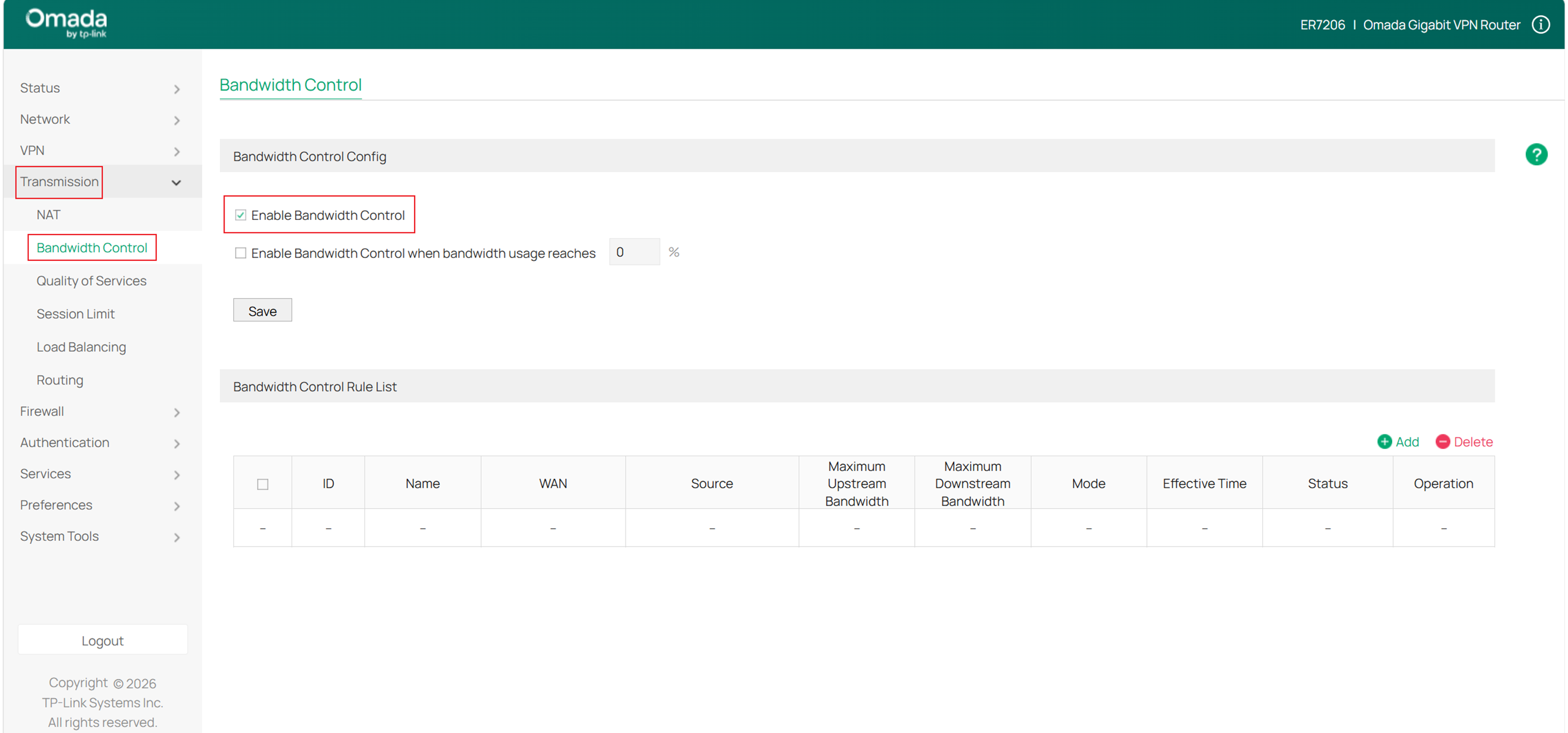 Enable Bandwidth Control.