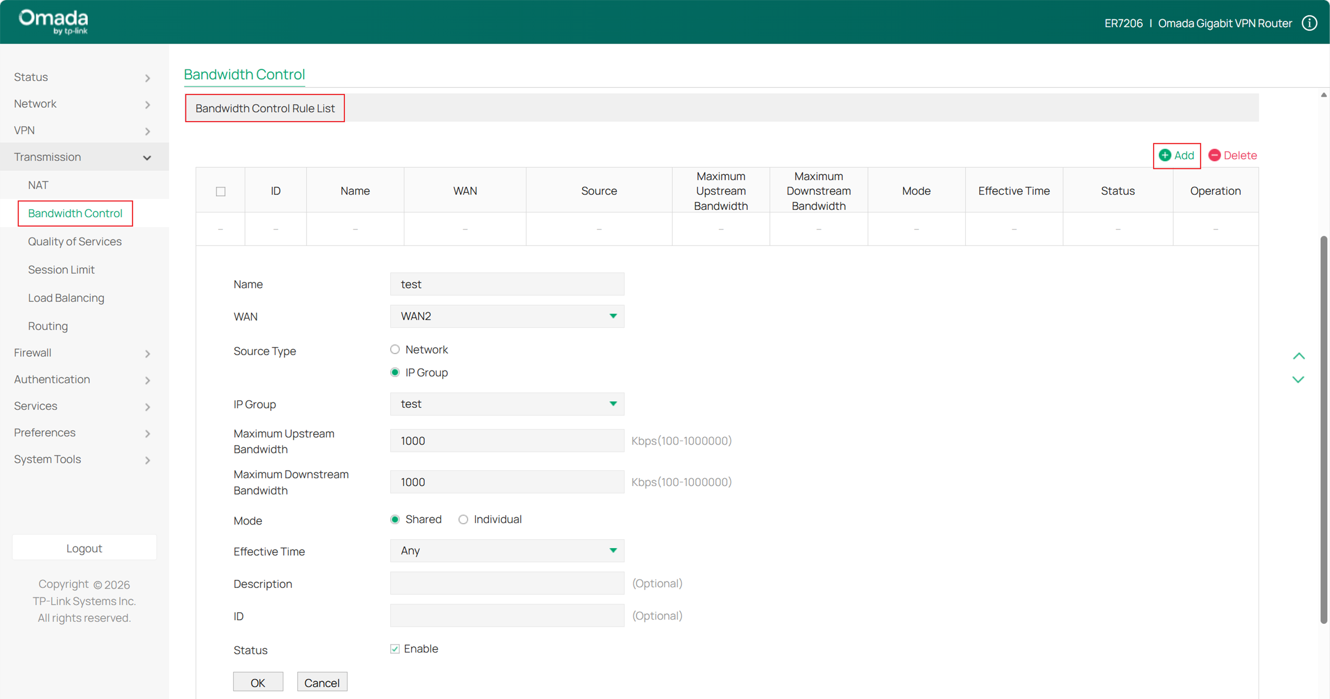Add a Bandwidth Control Rule.