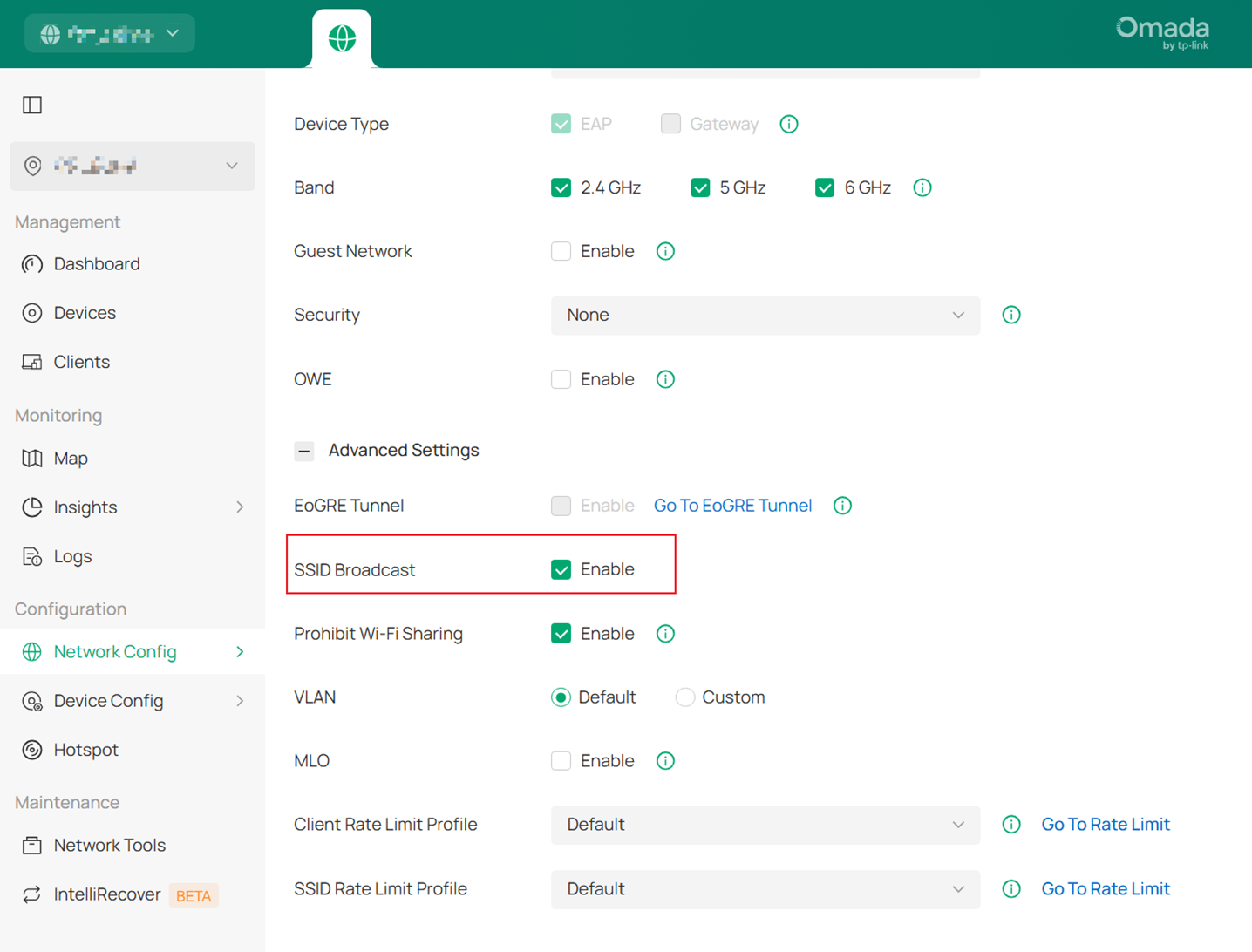 Show the position of SSID Broadcast setting.