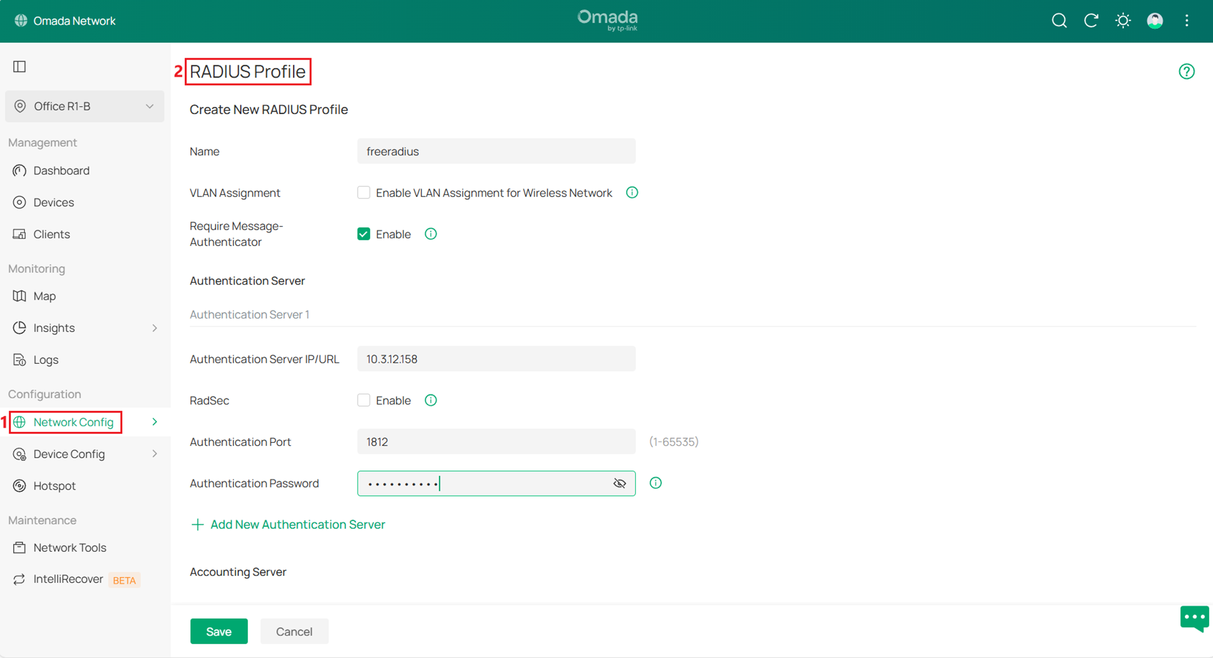 Show the configuration page of RADIUS profile.