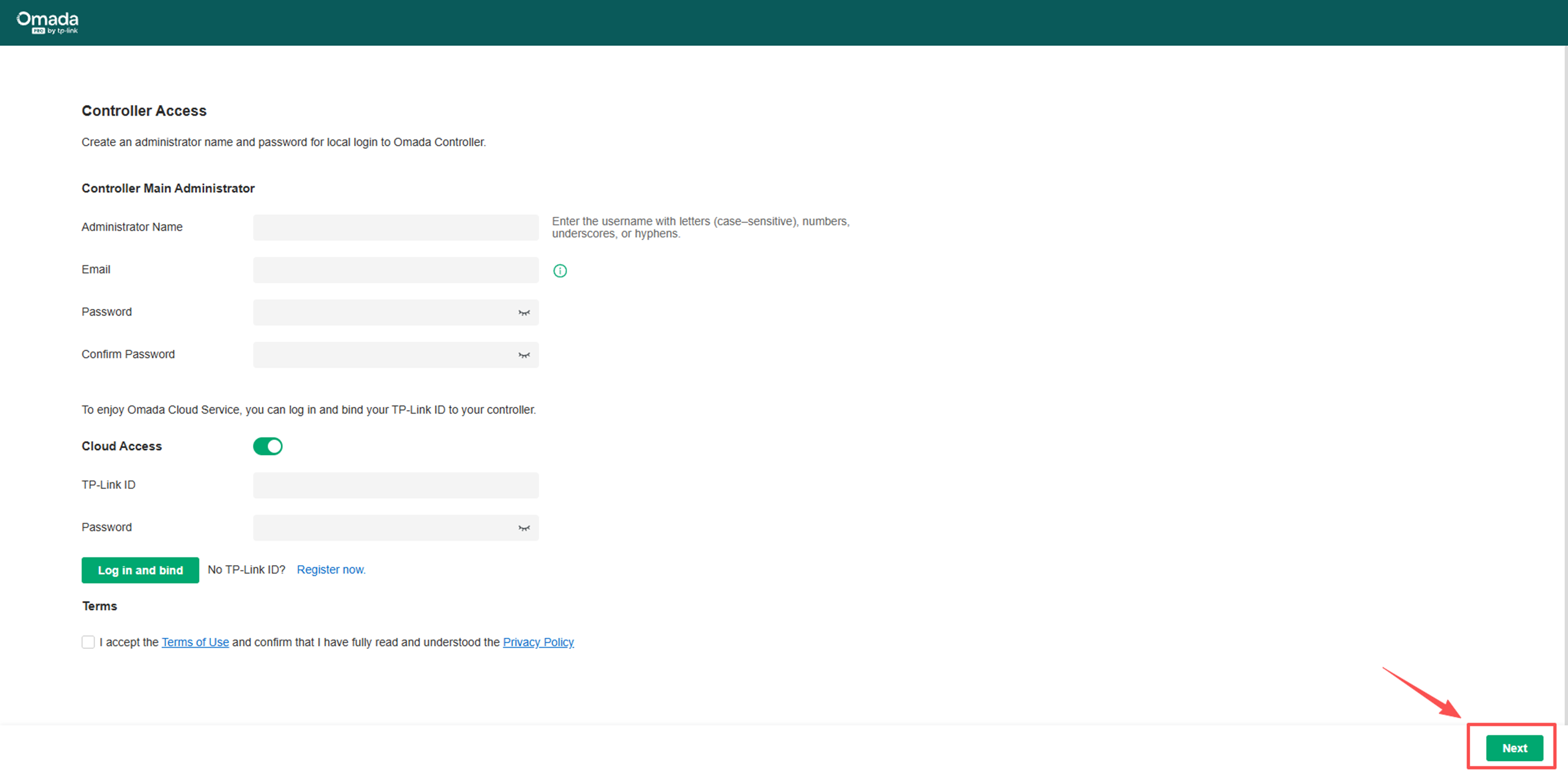 Account setting page of the Setup Wizard process.