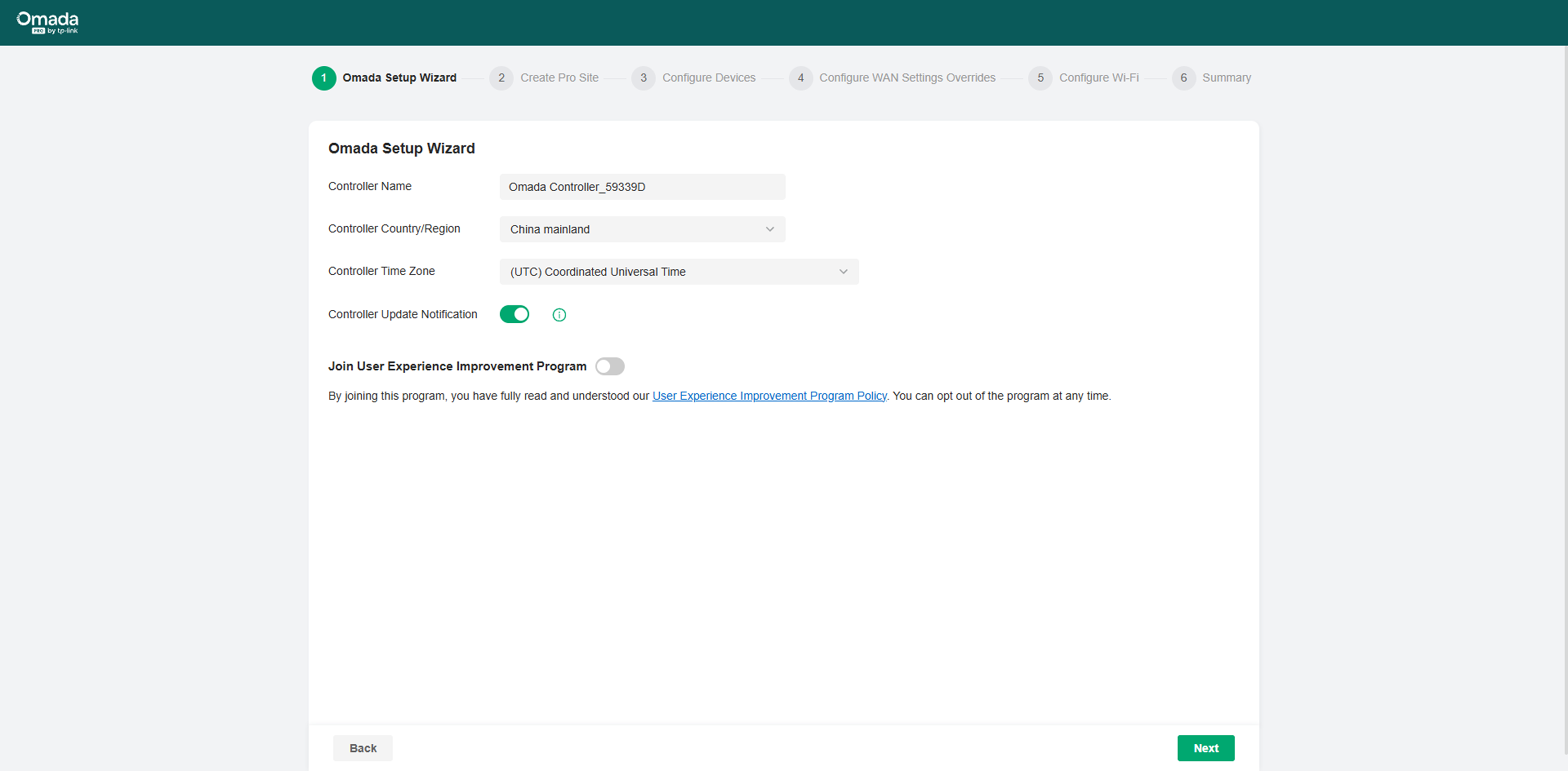 Site setting page of the Setup Wizard process.