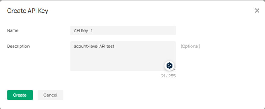 Enter the name and description of this account-level API Key.