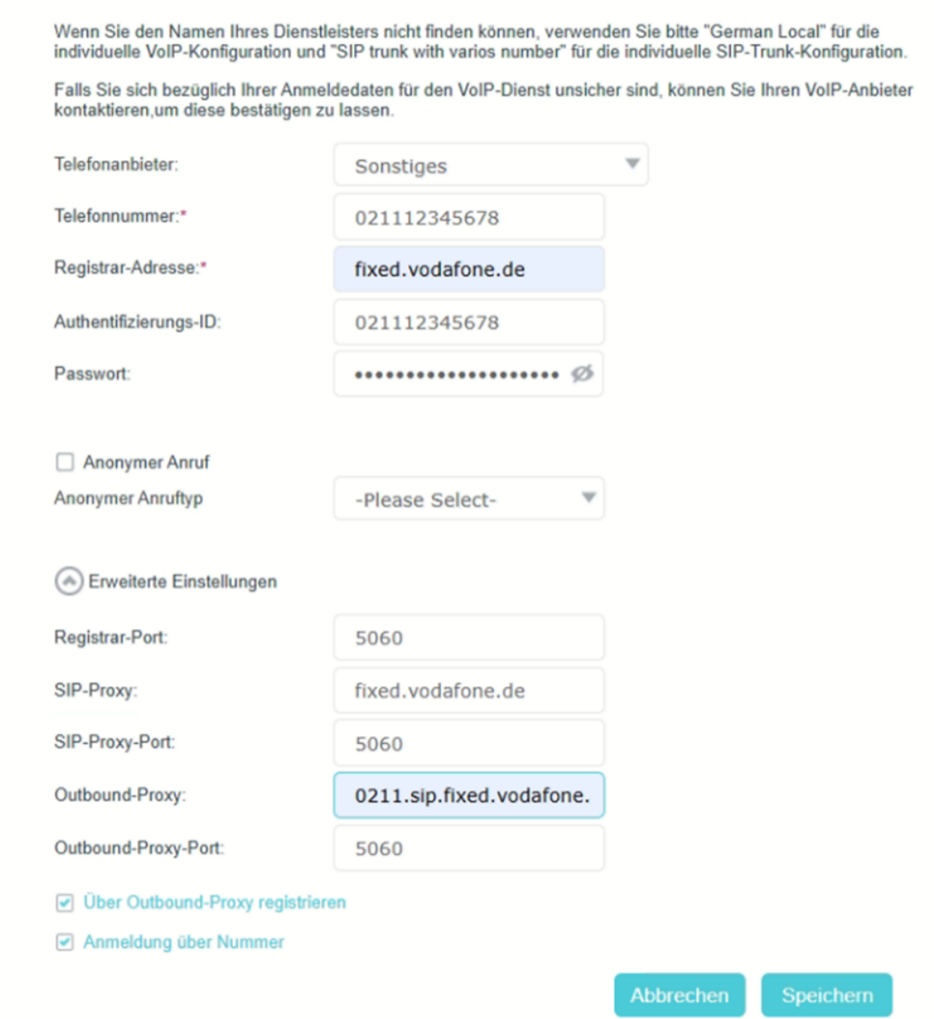  VoIPEinstellungen für einen VoiceBenutzernamen mit der Endung @fixed.vodafone.de.