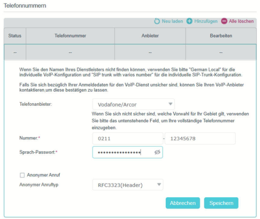 Die Seite mit den VoIPKontoeinstellungen für Vodafone Arcor.