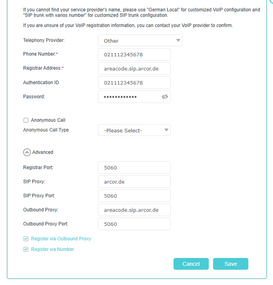 The VoIP account settings page for Vodafone/Arcor.