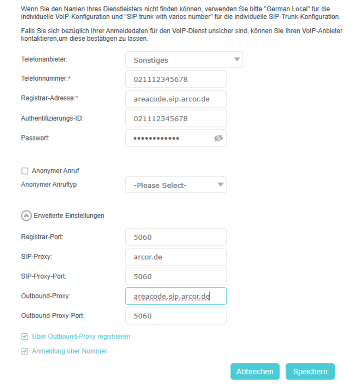 Die Seite mit den VoIPKontoeinstellungen für Vodafone Arcor.