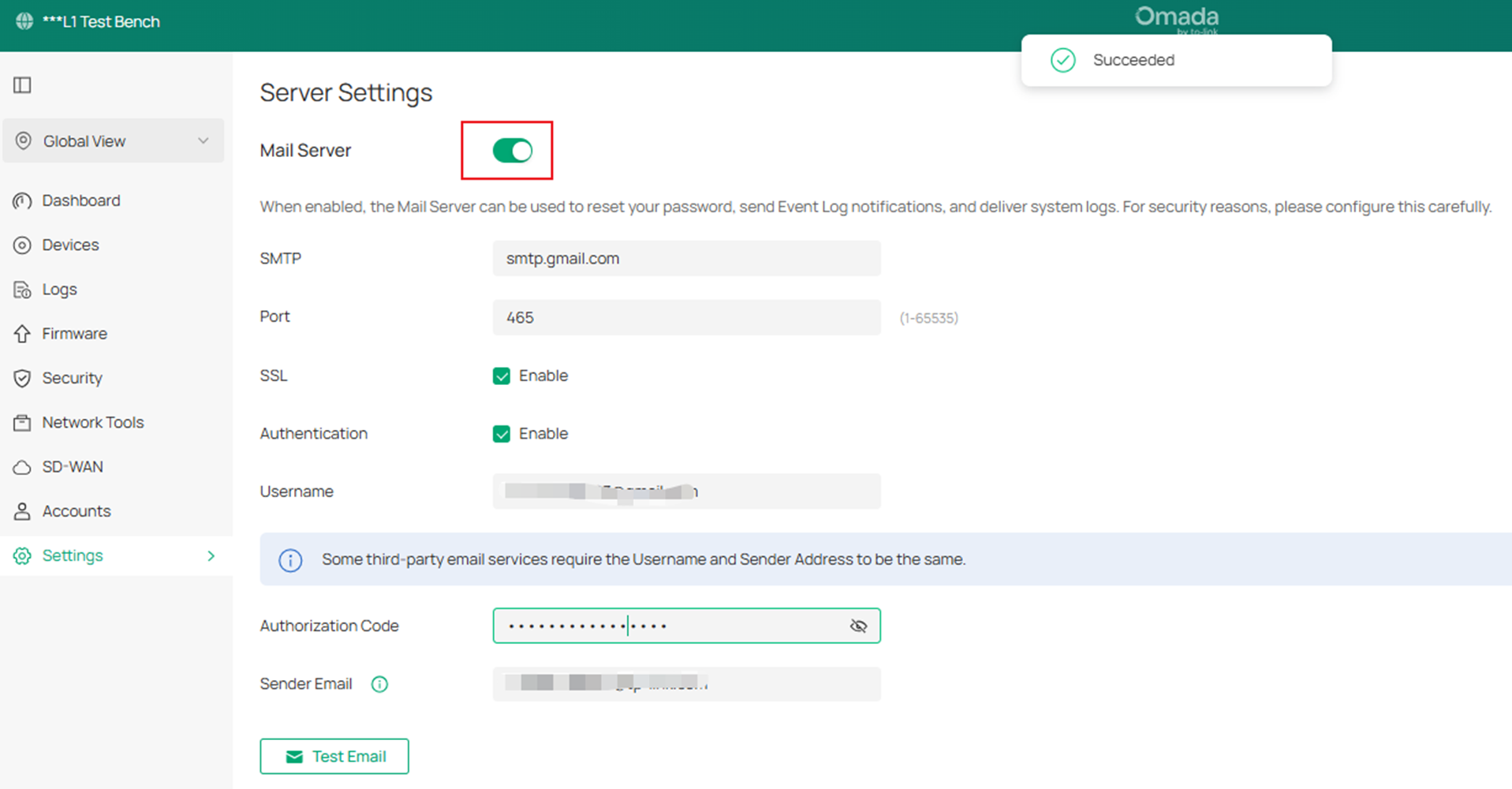 Fill in the parameters for the Mail Server.