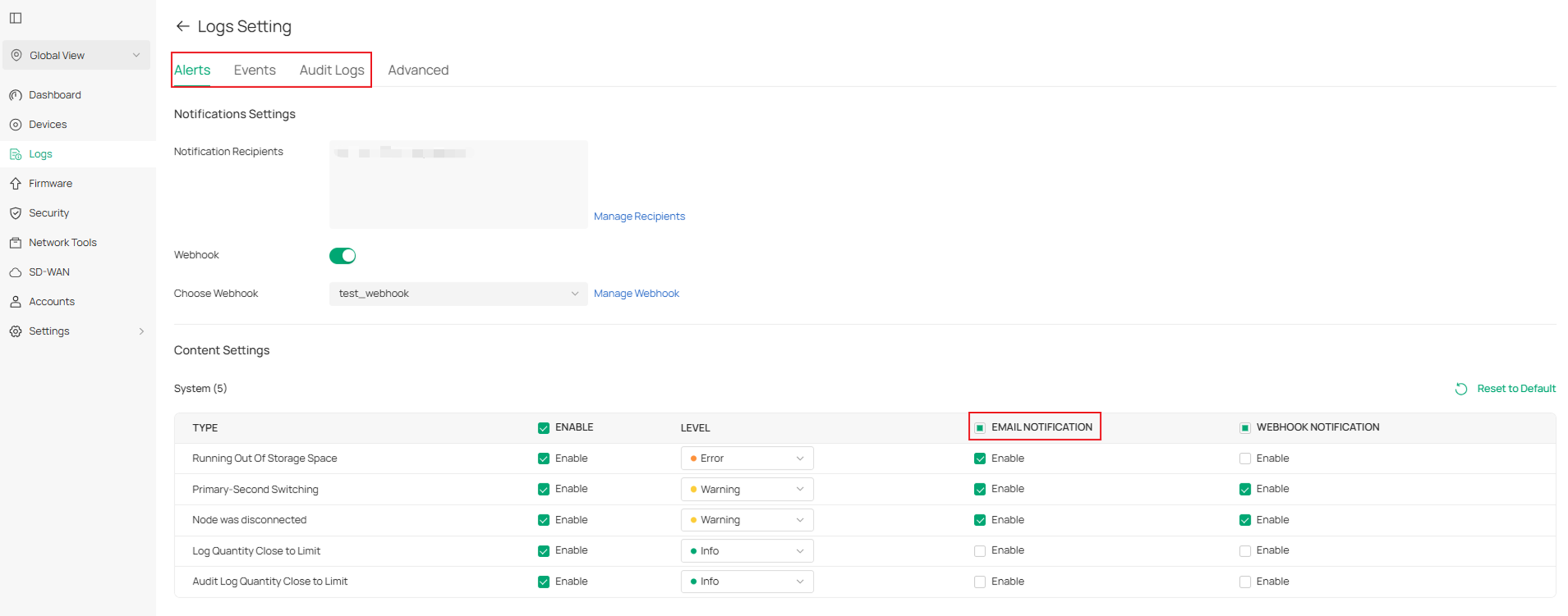 Enabling email notification for different types of alerts and events.
