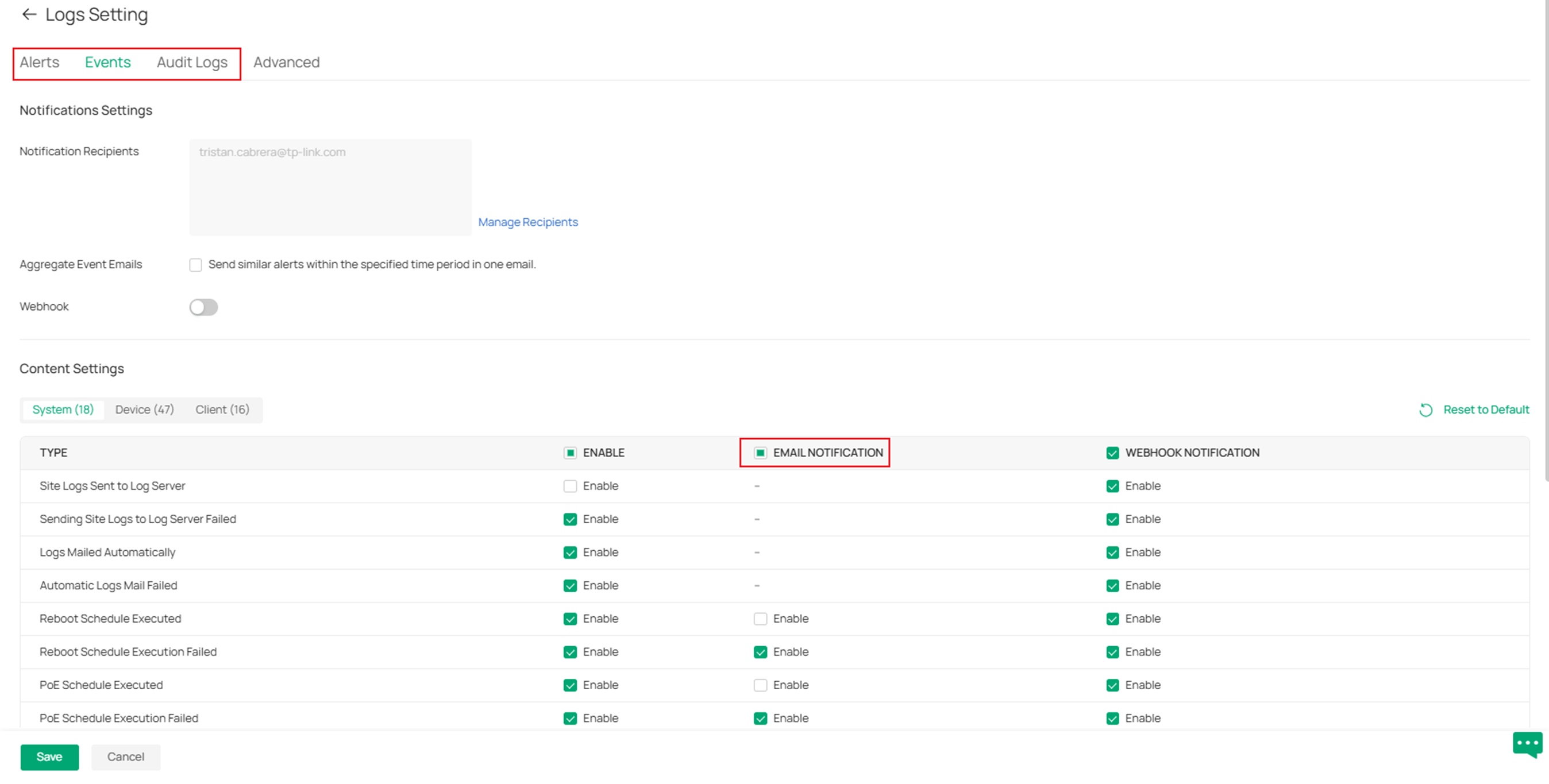 Enabling email notification for different types of alerts and events.