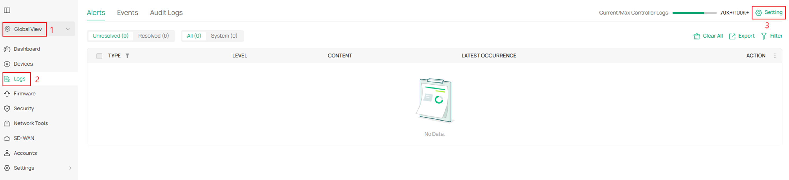 Navigate to Setting to configure the log server.